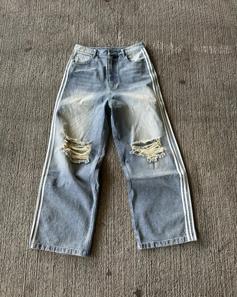 Y2k high-waisted ripped jeans Women street vintage striped wide-leg pants Personality fashion diamond decorated pants 250118