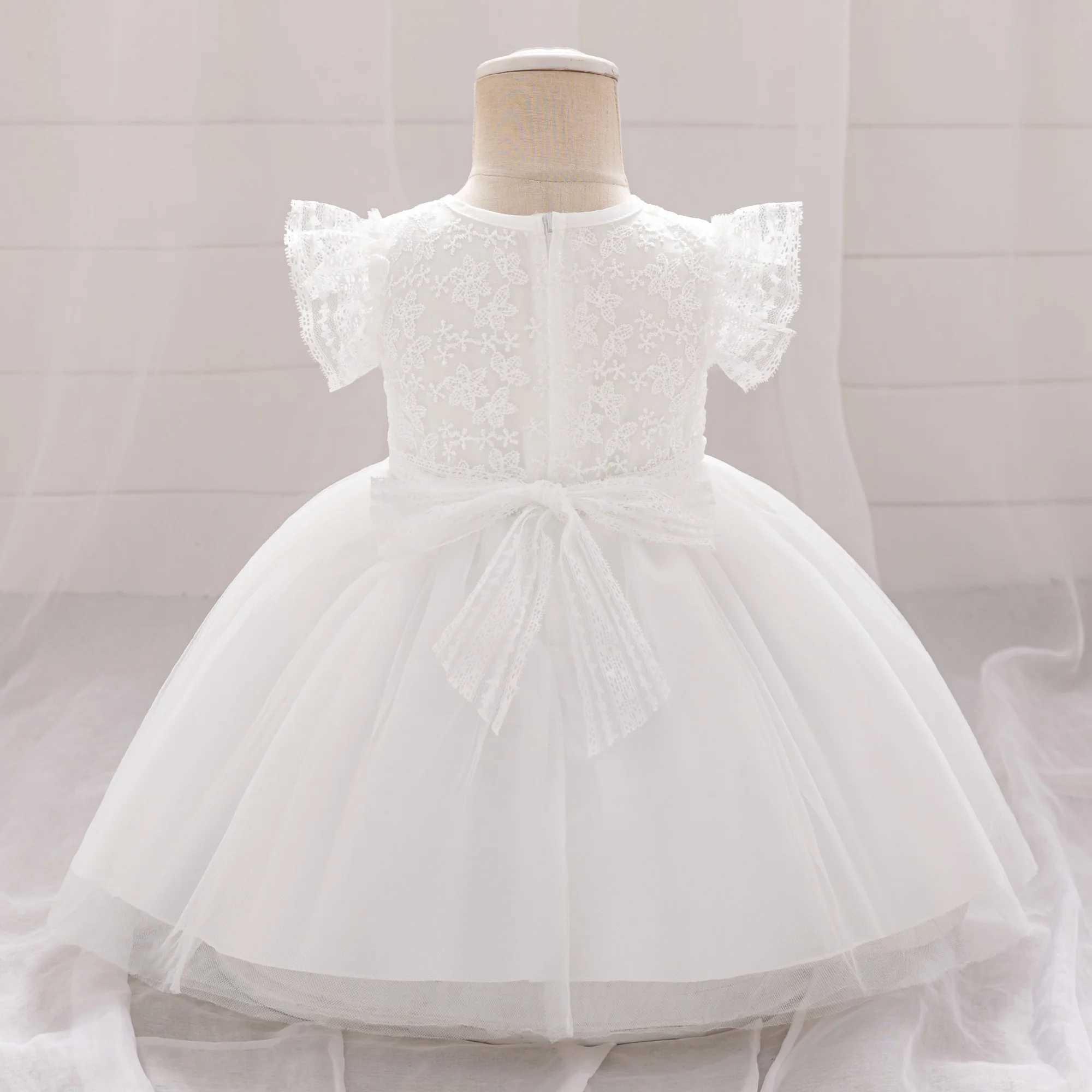 White Bridesmaid Baby Girls Baptism Party Dress Flower Bow 1st Birthday Princess Dress Kid Tulle Wedding First Communion Clothes X250203