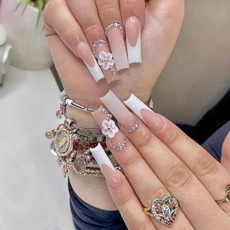 24Pcs Ballet False Nails On French Press on Nails with Rhinestone Wearable Coffin Fake Nail Pink Bow Design Manicure TipsW250120