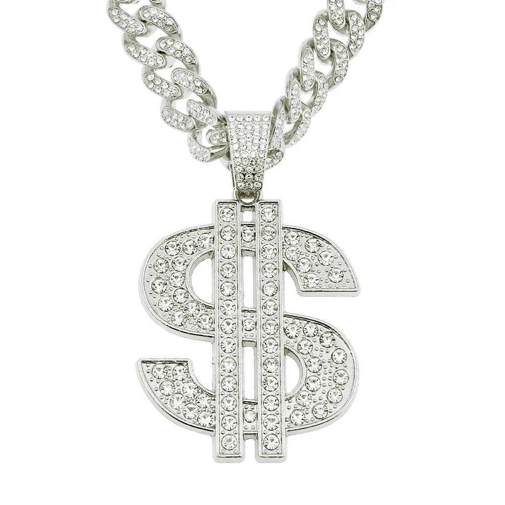 Shiny Rhinestone Dollar Pendant Necklace Mens Womens 15mm Cuban Chain Choker Hip Hop Rap Rock JewelryXJ250121
