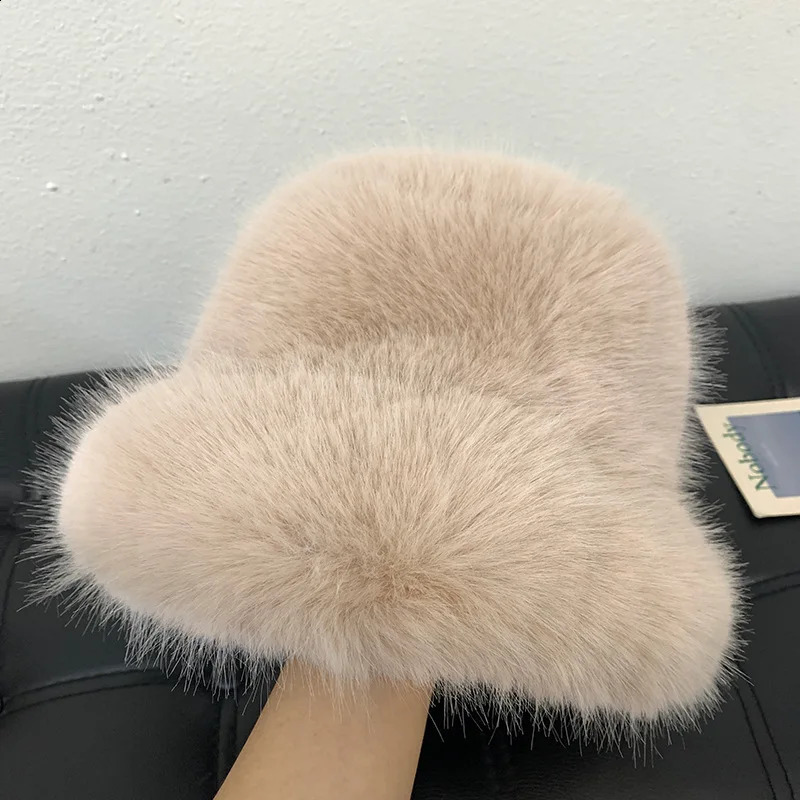 y2k fluffy faux fur bucket hat for women rabbit fur warm and thick plush winter hat for women and fashionable party Panama fisherman hat 250109