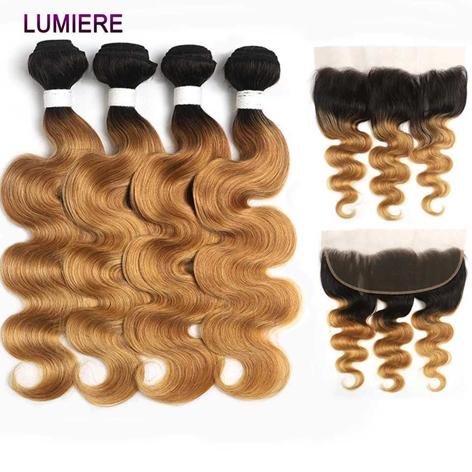 Colored Brazilian Body Wave Hair Weave 3/4 Bundles With Clo Blonde 1B/27 Remy Ombre Human Bundles With Lace Frontal CloXJ250120