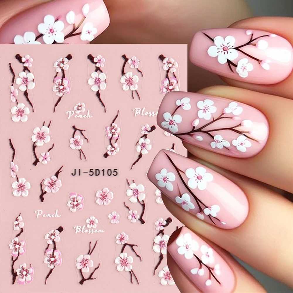 5D Cherry Blossom Nail Stickers Pink Petals Flowers Nail Decors Spring Summer Self-Adhesive Manicure Embossed Decals NLJI5D-105XJ250120