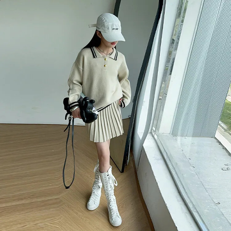 winter spring Girls set Clothes teenager knit sweatshirts sweater short pleated skirt baseball 4 8 10 12 year tracksuit 250117