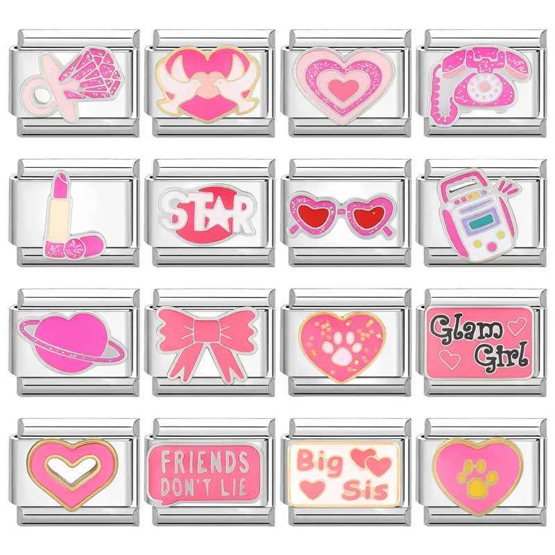 Sweet Rose Pink Color Glam Girl Love Bow Italian Charm Links Fit 9mm Bracelet Stainless Steel Diy Making Jewelry Women Gifts W250121