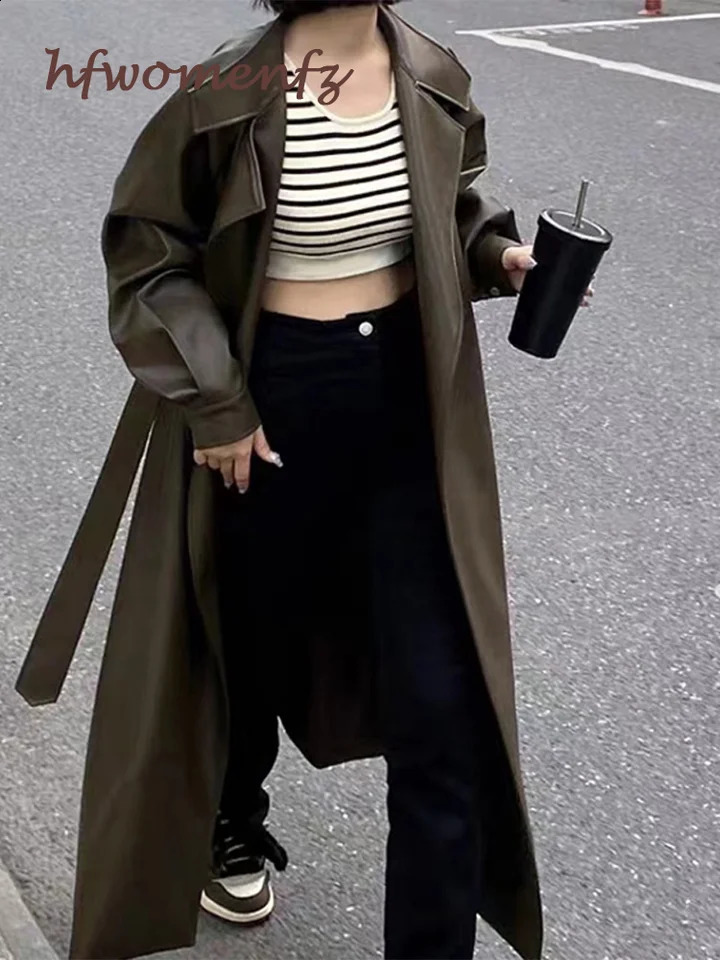Street Leather Women Trench Coat With Belt Loose Lapel Full Sleeve Lace Up Pockets Long Windbreaker Autumn Winter Outwears 250118