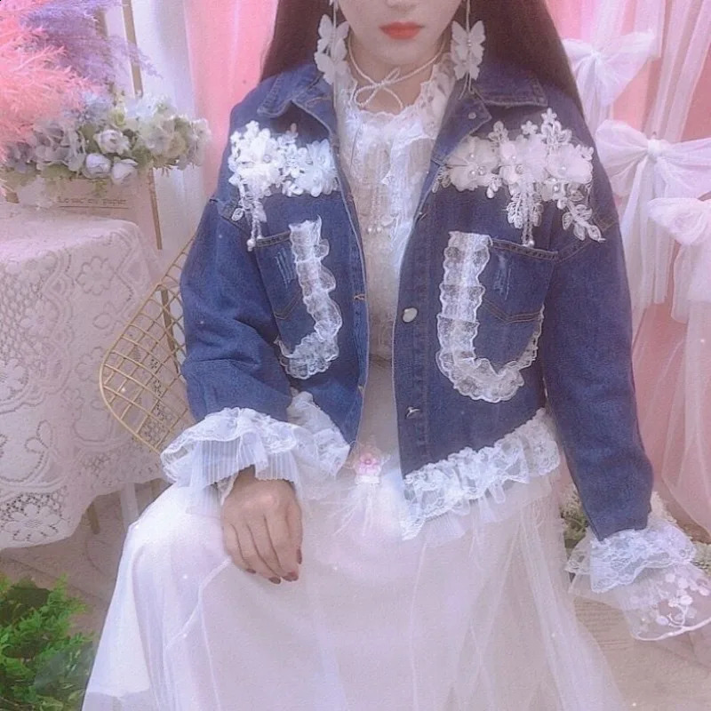Stereo Flower Beading Diamonds Denim Jacket Y2k High Street Early Autumn Chic Coat Lace Patchwork Single-breasted Sweet Jaquetas 250116