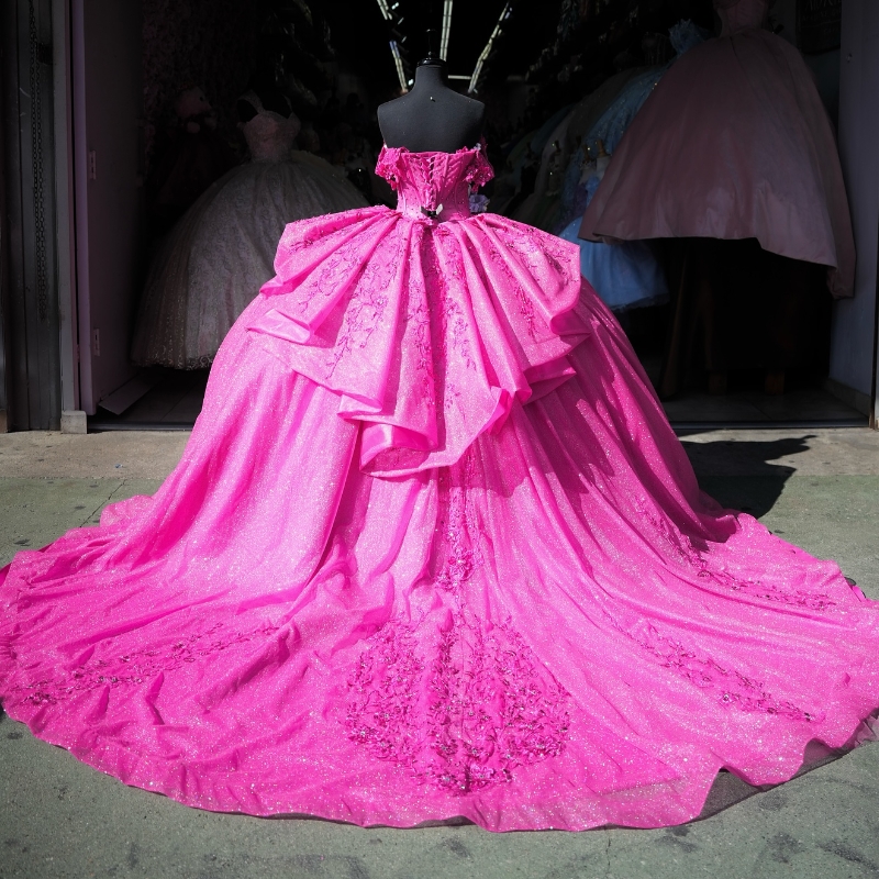 Rose Red Shiny Quinceanera Dresses Ball Gown Off Shoulder Appliques Lace Beading Tull Corset Birthday Party Sweet 16 Dress Vestidos 15 De Anos