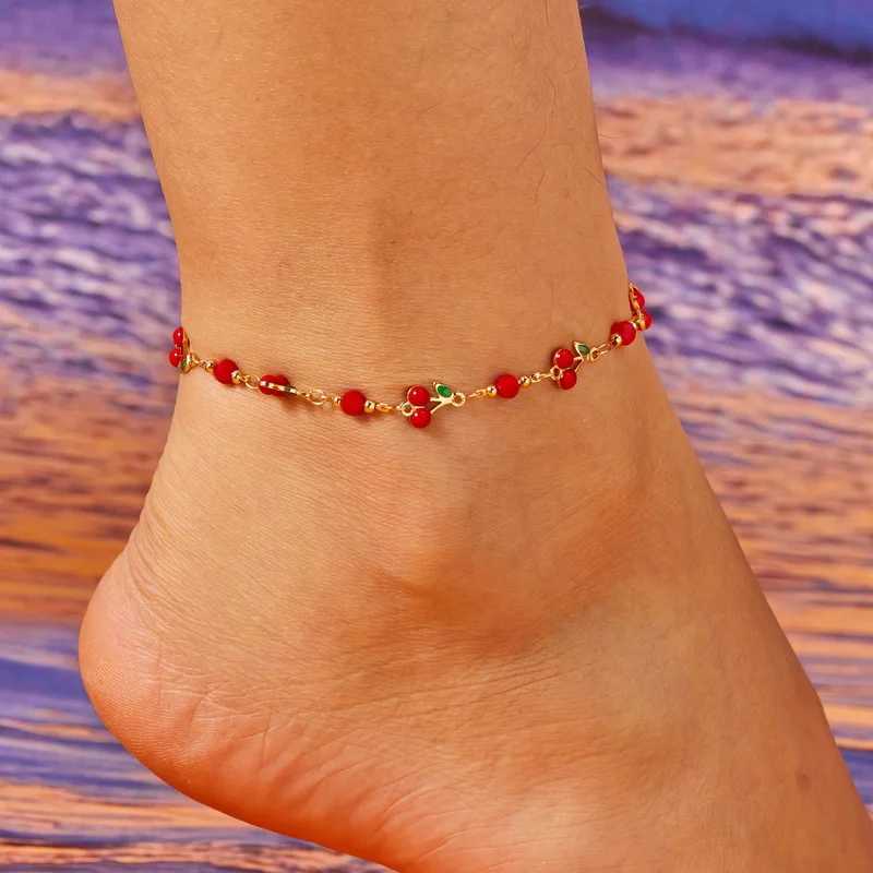 Summer Sweet Red Cherry Anklets for Women Fashion Cute R Beads Flowers Heart Chain Anklet Beach Barefoot Sandal JewelryXJ250121
