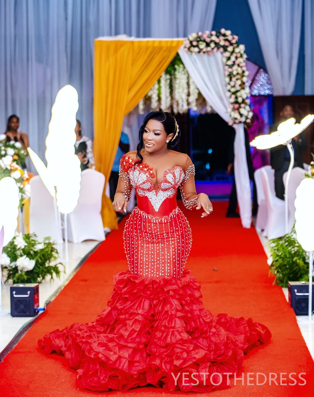 2025 Plus Size Red Aso Ebi Prom Dress Detachable Train Mermaid Evening Gowns Sheer Neck Long Sleeves Beaded Lace Pearls Birthday Dress Second Receptio
