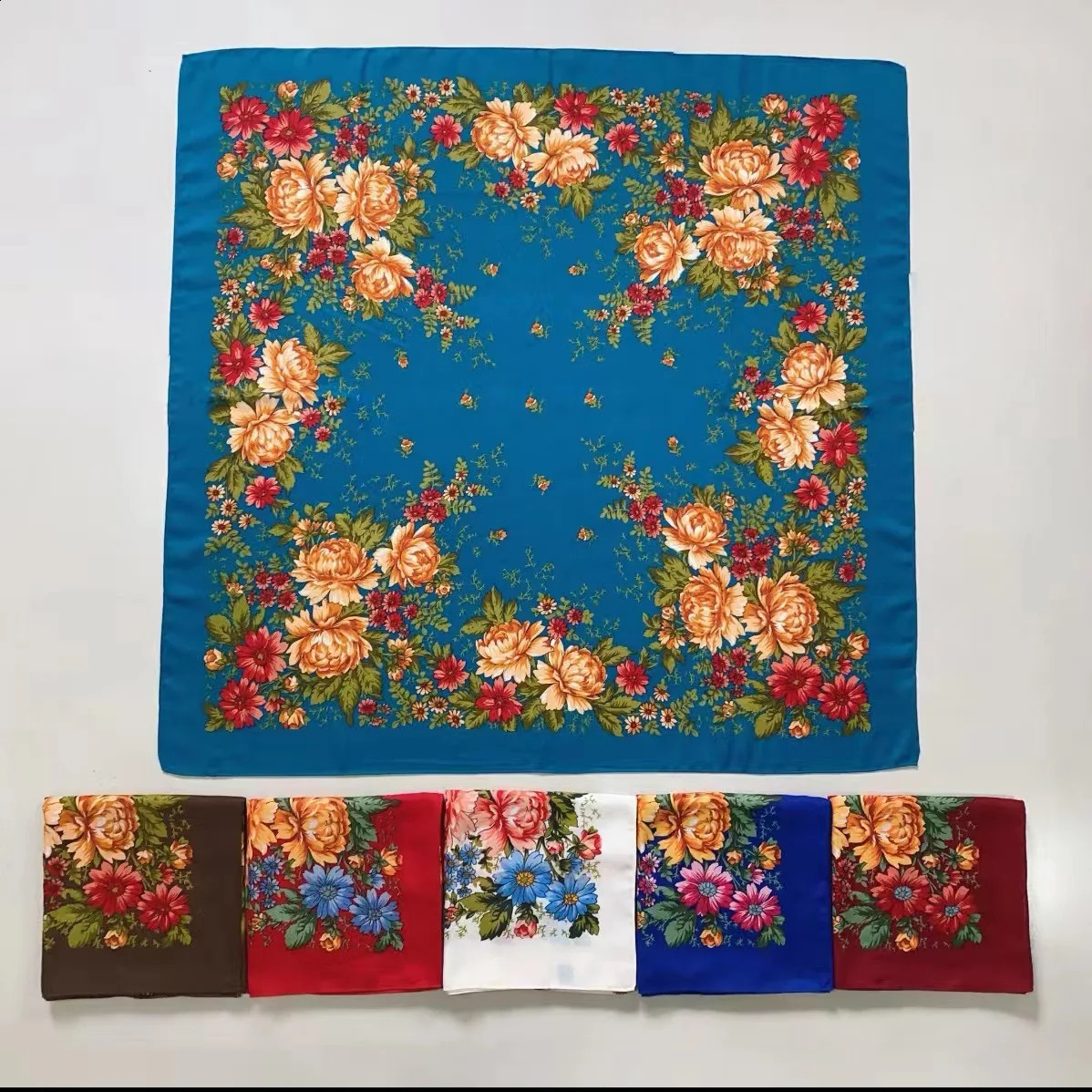 110*110cm Russian Square Scarf Women Floral Print Bandana Shawl Retro Ukrainian Spanish Shawls Ethnic Handkerchief Wraps 250120