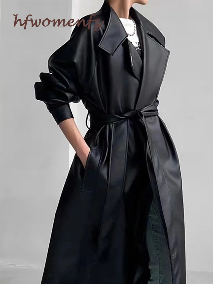 Street Leather Women Trench Coat With Belt Loose Lapel Full Sleeve Lace Up Pockets Long Windbreaker Autumn Winter Outwears 250118