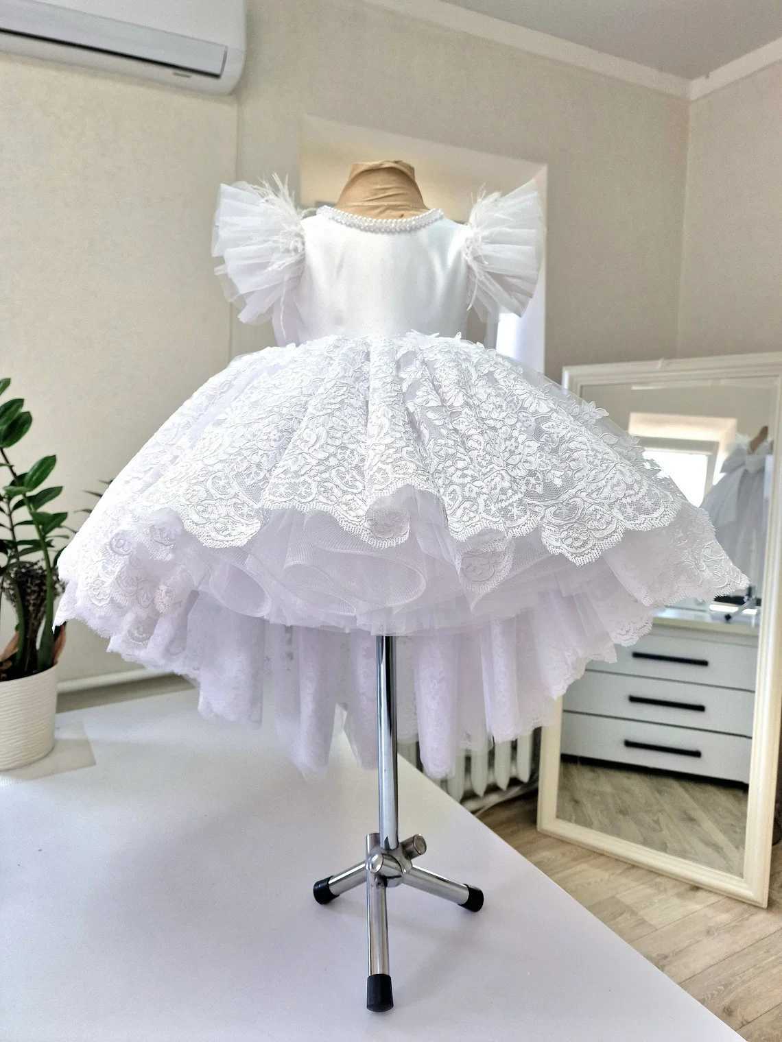 White Lace Baby Toddler Christening Dresses Kids Newborn Party Feather Pearls First Communion Wedding Prom Baptism Outfits X250203