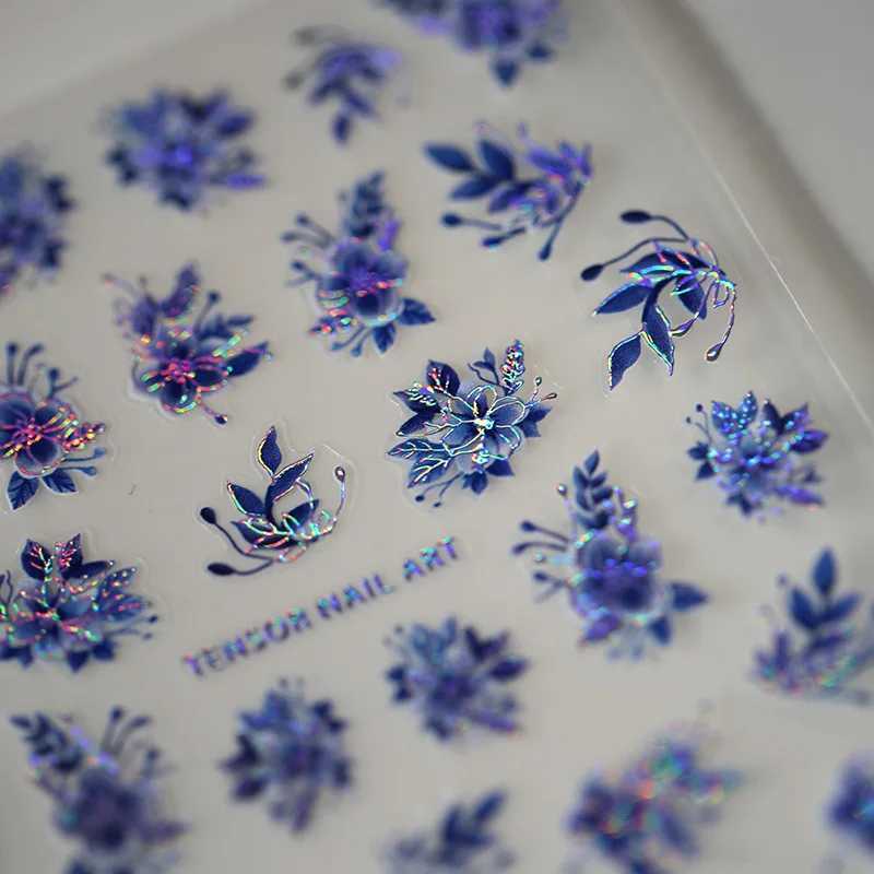 Acrylic Engraved Nail Sticker Holographi Blue Flowers Gold Line Self-Adhesive Nail Transfer Sliders Wraps Manicures Foils Z0661XJ250120