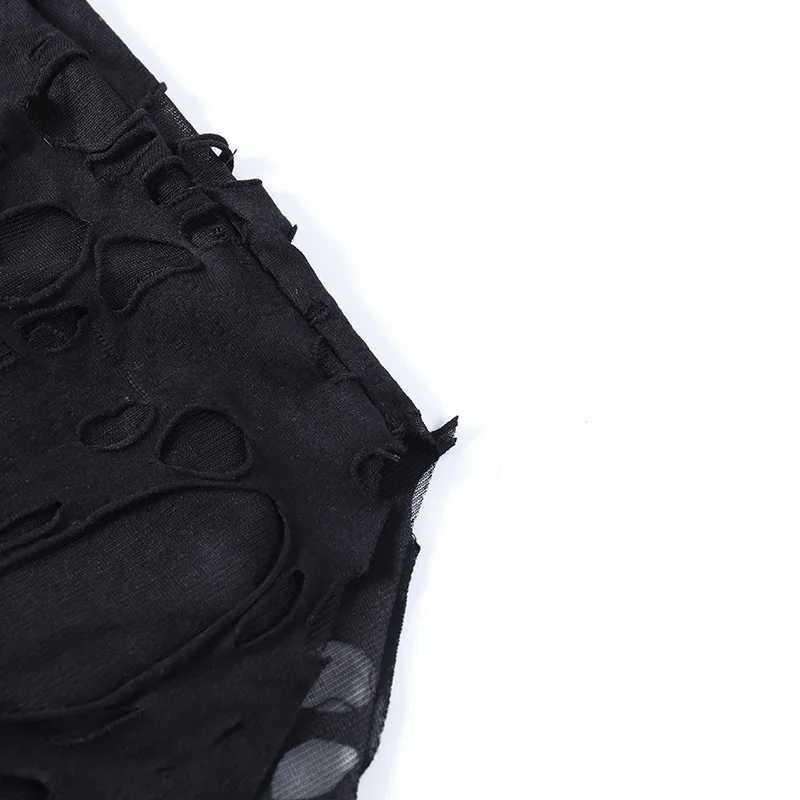 Gothic Style Ripped Hole Slim Fit Slit Bag Hip Skirt Irregular Design Black Suspender DressXJ250115