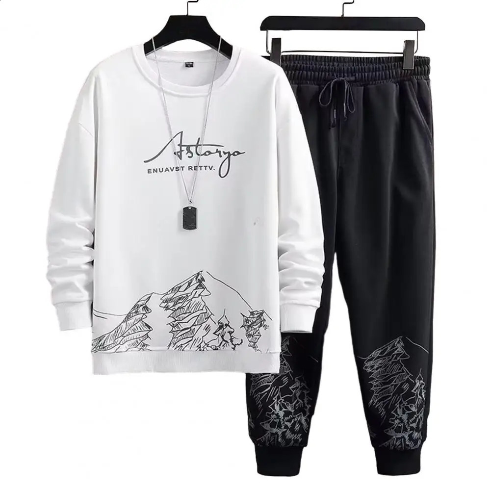 Pockets Jogging Suit Mens Mountain Print Casual Tracksuit Set with O-neck Sweatshirt Jogger Pants for Autumn Winter Men 250117
