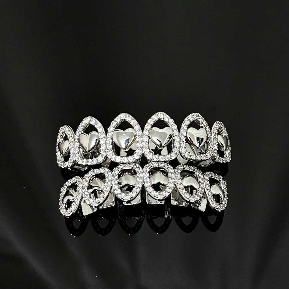 RACHELZ Silver Color Zircon Hollow Heart Teeth Caps For Women Men Couple Jewelry Hip Hop Glossy CZ Stone Tooth Grills GiftXJ250114