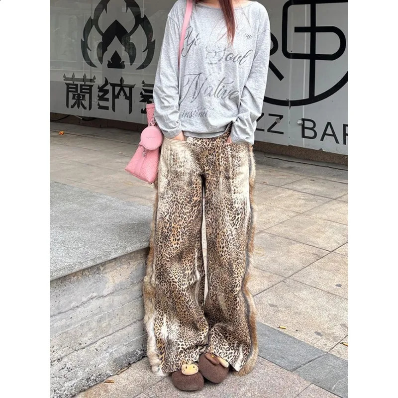American large size raw edge stitching leopard print high waisted jeans women spring tie fashion floor-length pants 250118