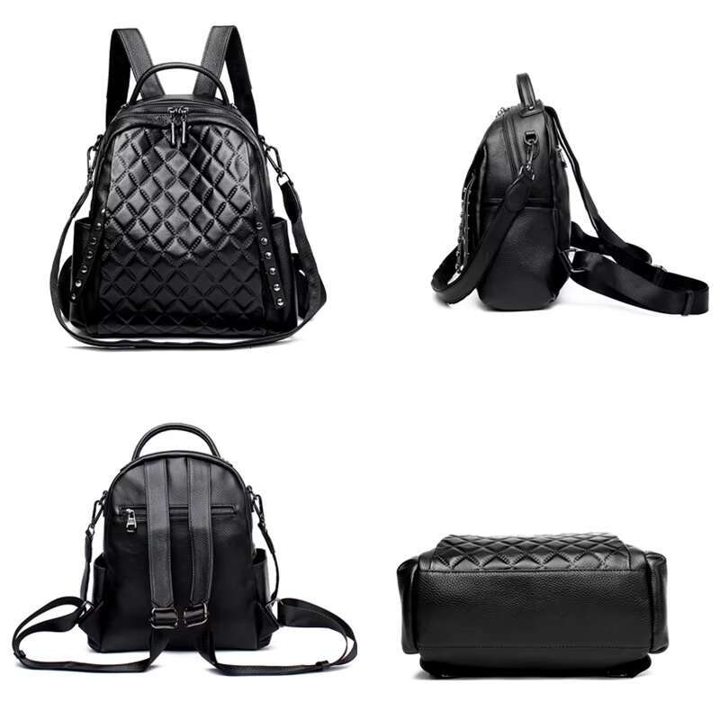 Women Genuine Leather Backpack Lozenge Soft Real Cowhide Shoulder Casual Large Capacity Travel Ladies Back Pack School Bags