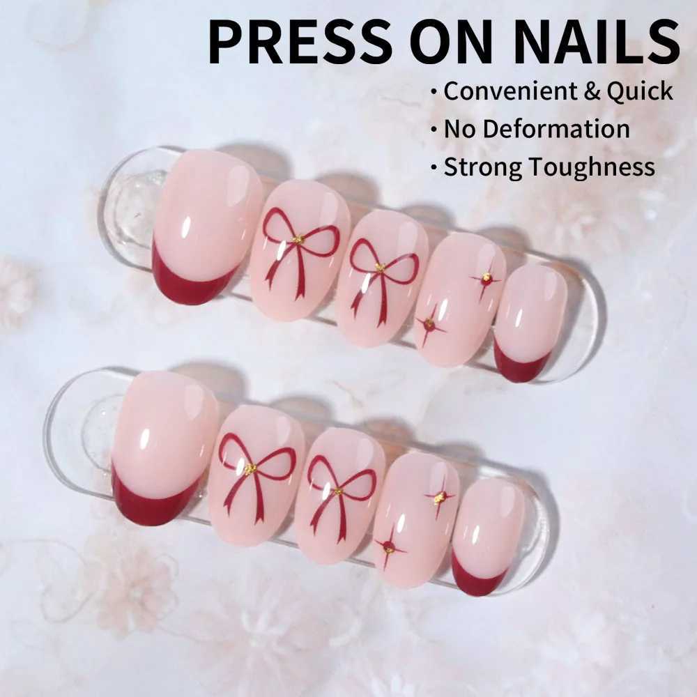 24pcs short oval French fake nails simple ins style bow sweet girl wind Mang star red edge French bright design fake nails whiW250120