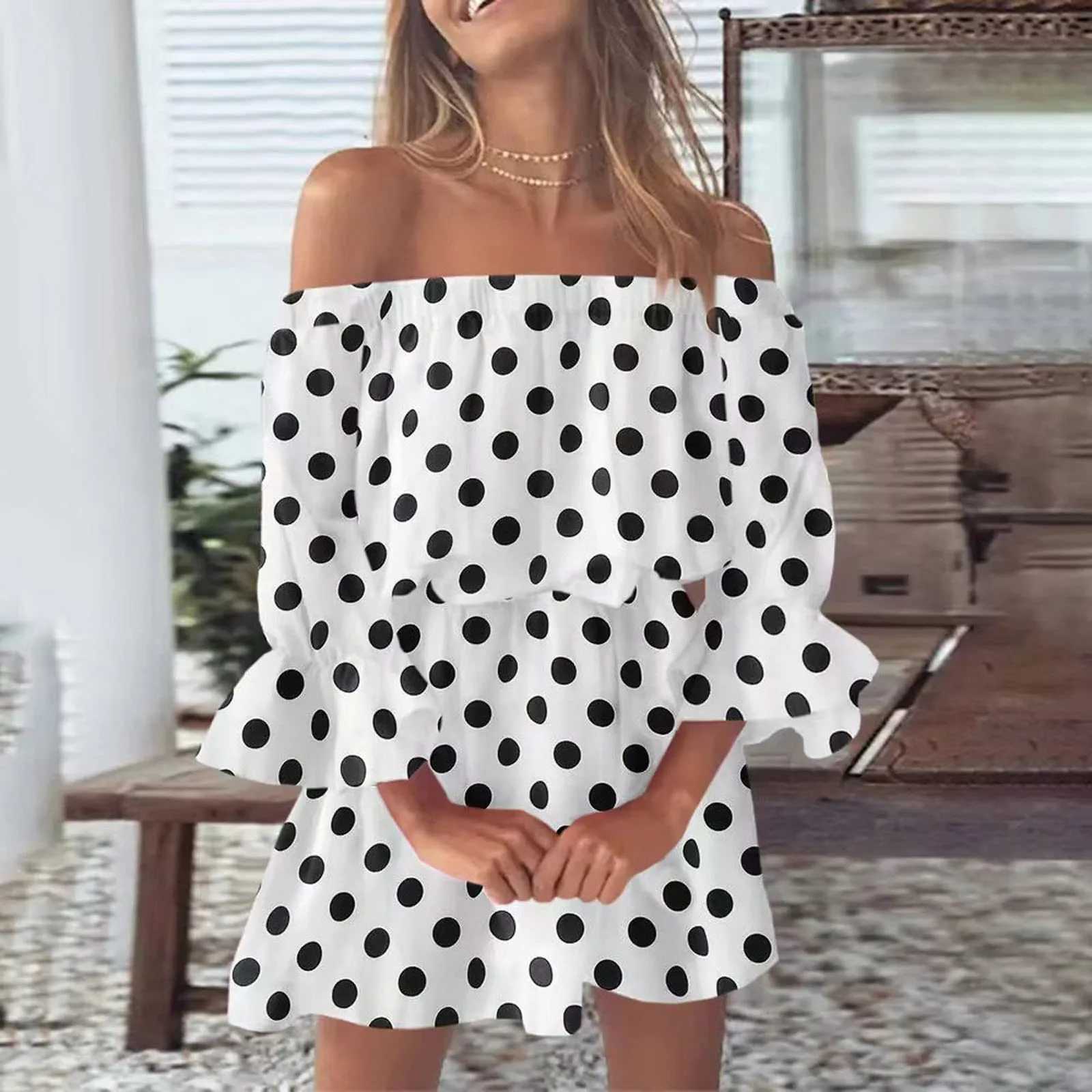 Off Shoulder Mini Dress Women Leopard Polka Dot Ele Summer Dress Casual Loose Fashion Slash Neck Long Sve Party DressesXJ250115