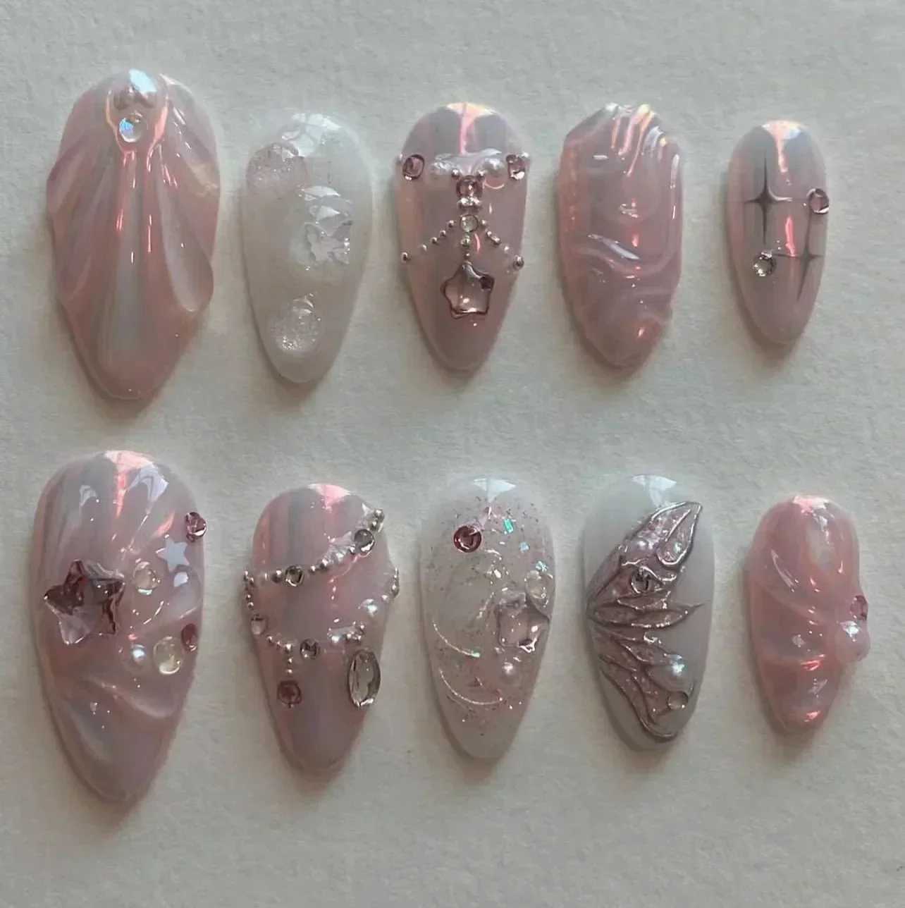 24pcs Detachable Almond bowknot French False Nails Stars Love Glitter Design Press on Nails Fake Nials DIY Manicure NailsW250120