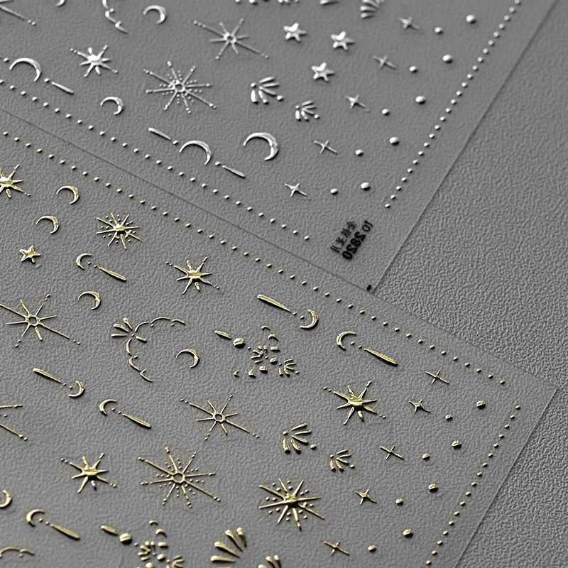 3D Gold/ Silver Star/Sun/Moon Bronzing Nail Art Sticker Laser Star Moon Styles Nail Decal Gold Silver Self-Adhesive Slider 1PcsXJ250120