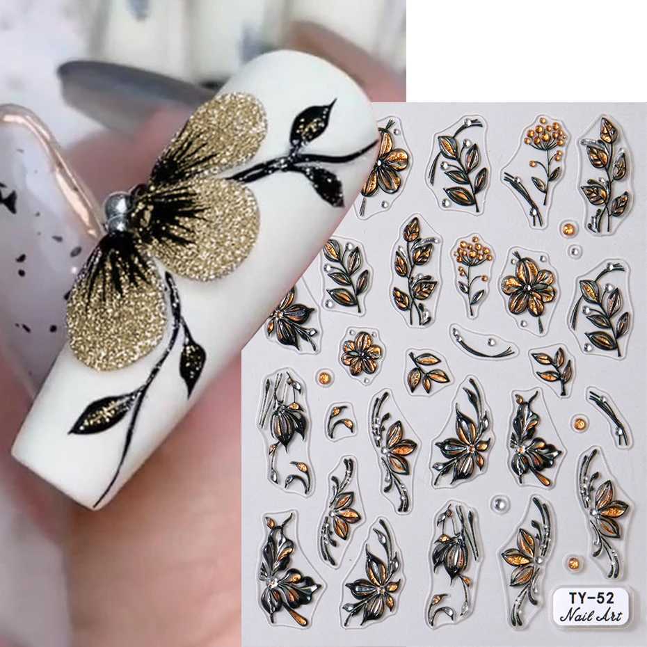 5D Black Gold Flowers Nail Art Stickers Shiny Glitter Petals Autumn Leaves Nail Decals Watercolor Floral Adhesive Manicure DecorXJ250120