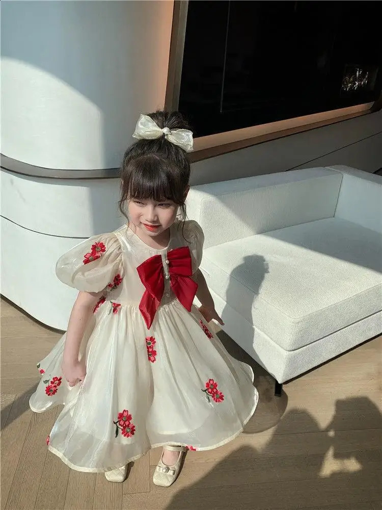 Summer Girls Dresses Puff Sleeves Gauzy Dress Bow Tie Decoration Princess Childrens Clothes For 26Y 250117