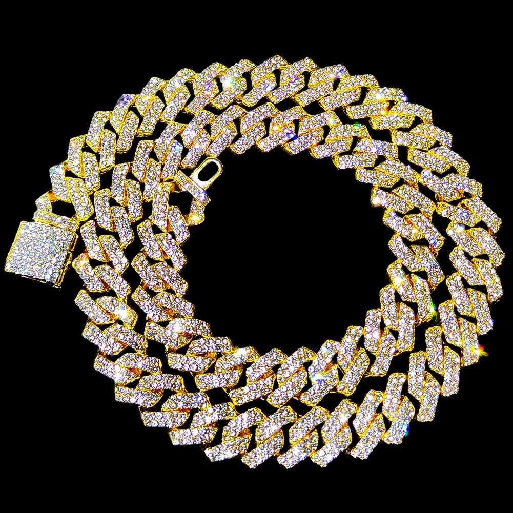 16/18/20/22/24inch Gold Color Cuban Link Chain for Women Men 2 Row Rhinestone Rhombus Prong Cuban Necklaces Hip Hop JewelryXJ250121