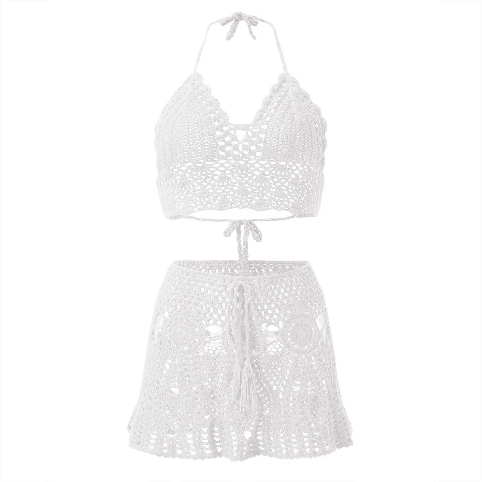 Womens Crocheted Hollowed Out Swimsuit Two Piece Suits Summer Solid Color Lace Up Sexy Versatile Bikini Sets Beach WearXJ250120
