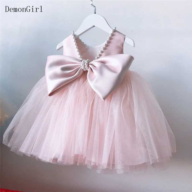 White Tulle Pearls Baby Girls Dress Kids Clothes Bow Birthday Party Gown Girls Baptism Princess Christening Evening Clothes X250203