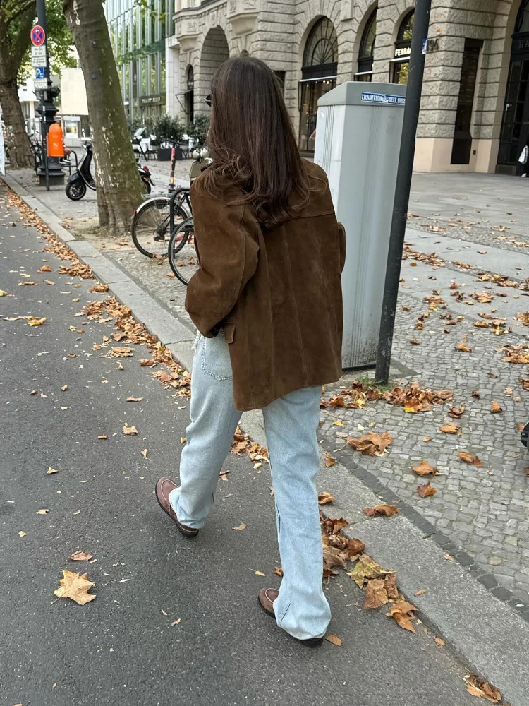 Vintage Brown Suede Leather Blazer Jacket Women Chic Lapel Single Breasted Pocket Crop Coat Fashion Autumn Casual Coats 250114