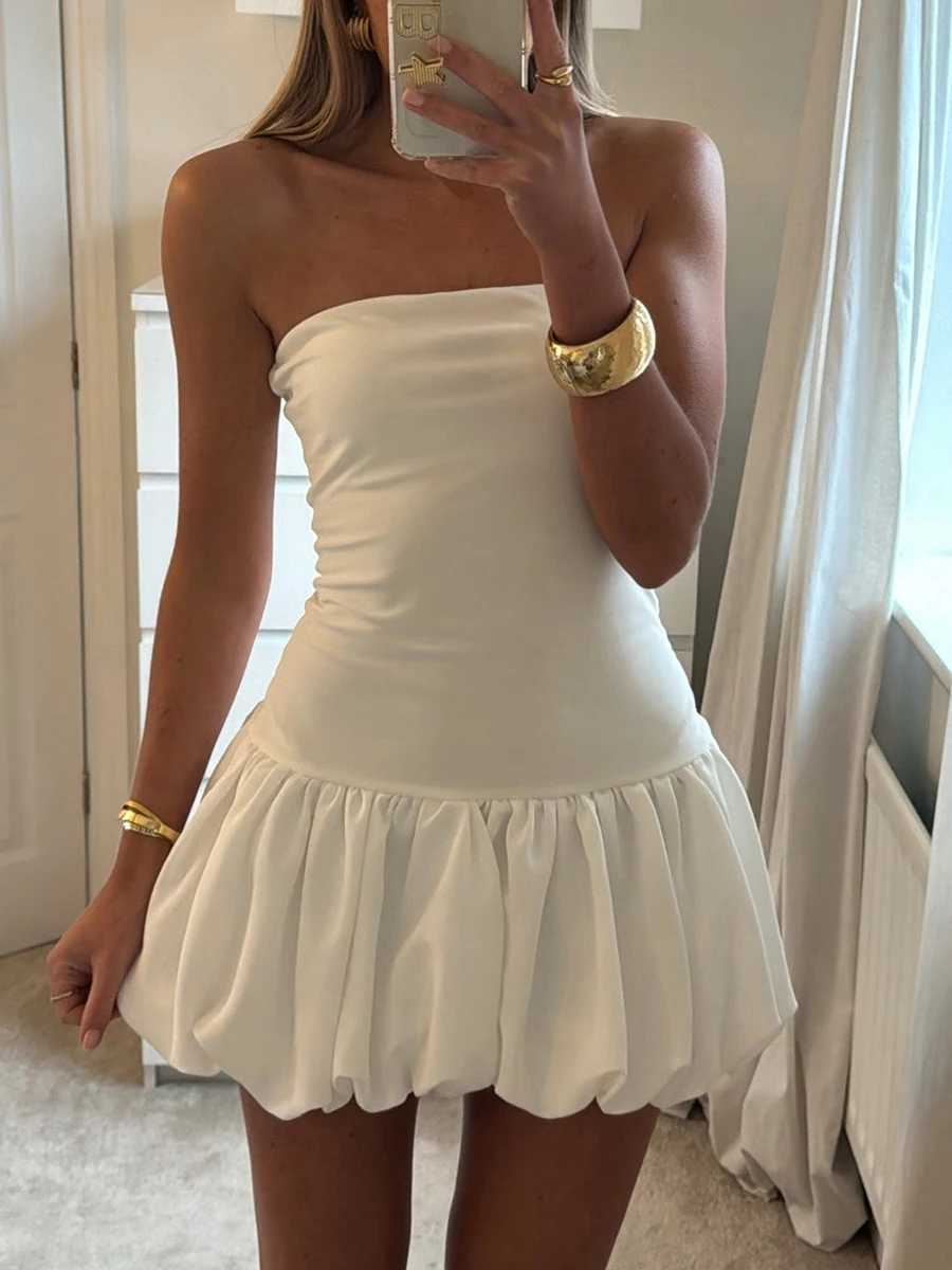 Women Sexy Strapless Summer Tube Mini Dress Y2k Bubble Short Dress Ruffle Dress Beach Vacation SundressesXJ250115