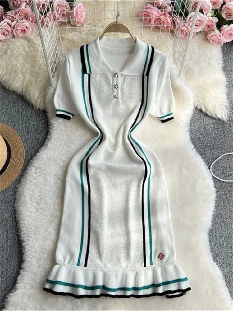 Weird Puss Contrast Stripe Dress Women Knitted -Neck Short Sve Ruffles Stretch Hem Casual Trend Streetwear Mini BodyconXJ250115