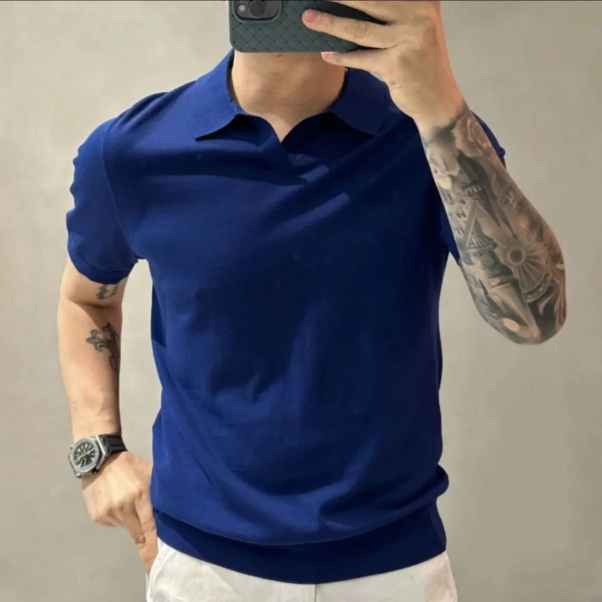 High quality fashionable simple casual summer pure thin polo shirt mens lapel patch work version short sleeved knitted top 250118