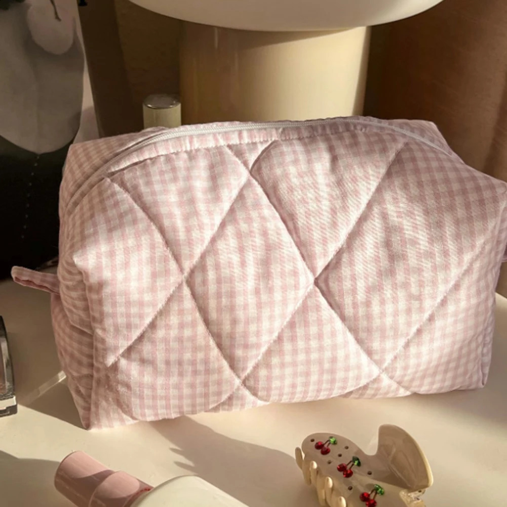Women Quilted Checkered Makeup Bag Make Up Brush Bags Travel Toiletry Zipper Storage Pouch for Cosmetics Makeup Brushes for Girl 250120