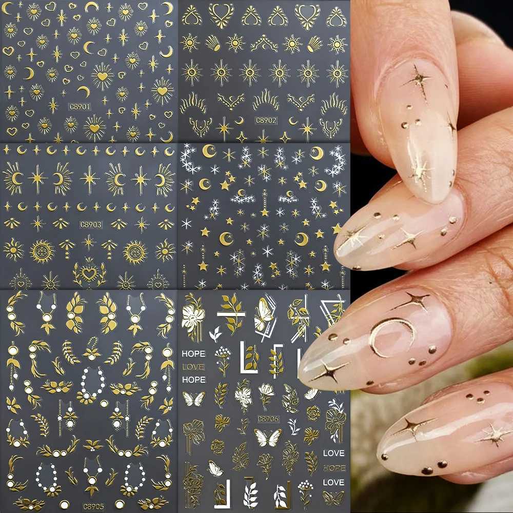 6pcs Golden Bronzing Nail Art Stickers Decals Sun Moon Star Pattern Gothic Nails Sliders For DIY Witchy Acrylic Nails DecorationXJ250120