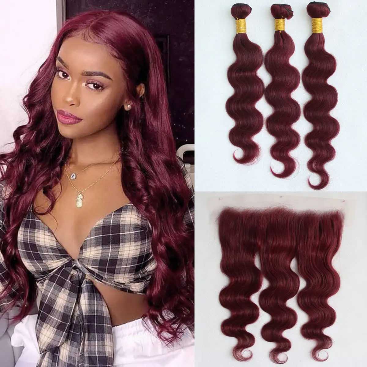Burgundy #99j Body Wave 2/3 Bundles With Frontal Brazilian Human Hair Red Bundles With 13X4 Lace Frontal Clo Hair ExtensionsXJ250120