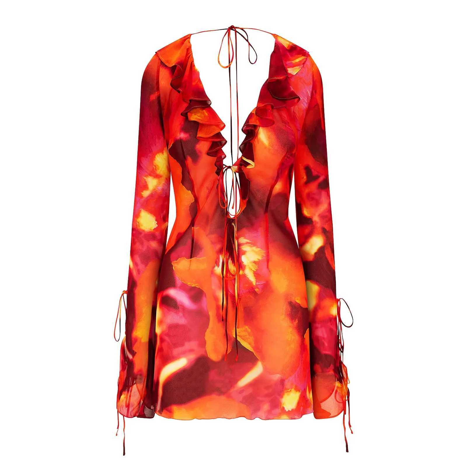 Lapel Ruffles Dresses For Women Summer Dyed Tie Open Chest Dress Sexy Lace Up Strap Deep V Long Sve Dress XJ250115