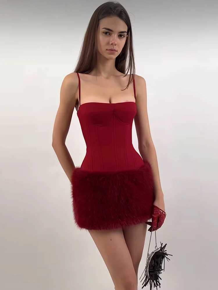 Nibber Pathwork Christmas Sexy Woman Dress Furry Hem Skinny Sveless Backless Midnight Suspenders Stylish Classic Mini BodyconXJ250115