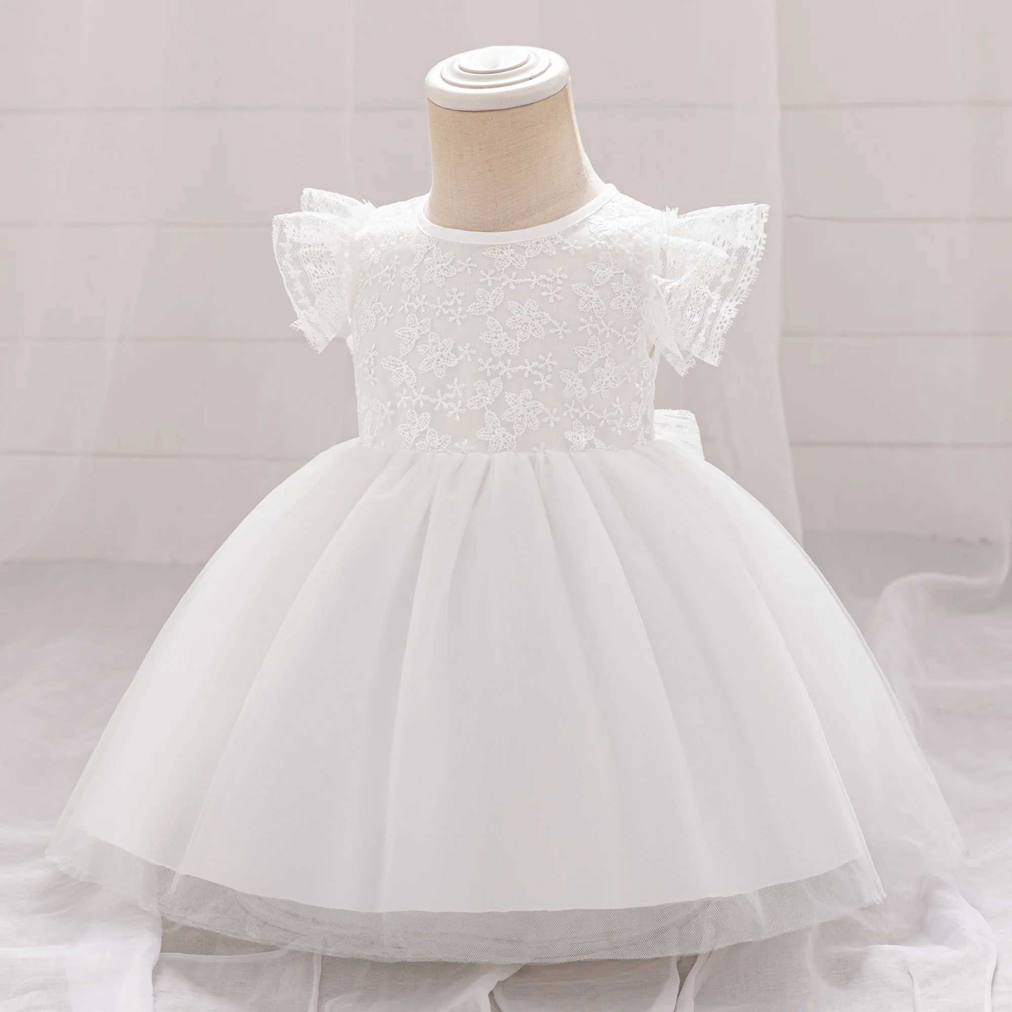 White Bridesmaid Baby Girls Baptism Party Dress Flower Bow 1st Birthday Princess Dress Kid Tulle Wedding First Communion Clothes X250203