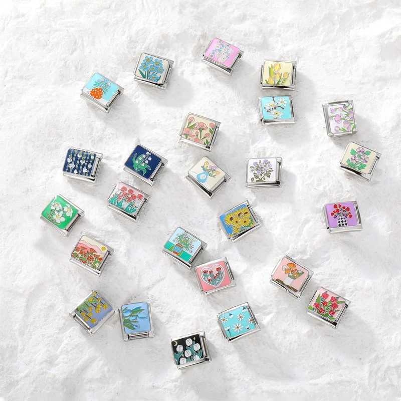 Creative Colored Flower Series Vase Rose Tulip Charm Bracelet Italian Links Fit 9mm Bracelet Stainless Steel Making Diy Jewelry W250121