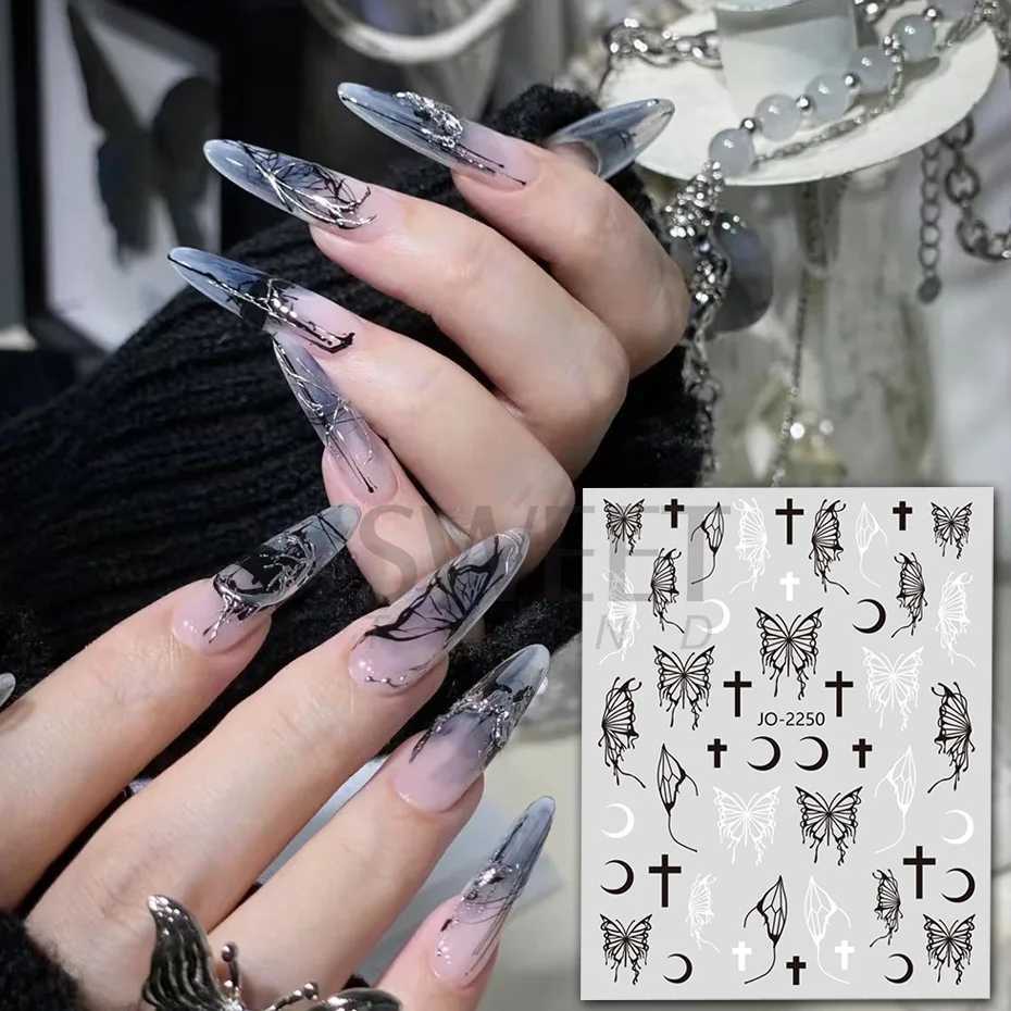 Laser Butterfly Silver Black Nail Art Sticker Hollow Y2K Nails Design Bronzing Star Moon Charms Adhesive Slider Manicure DecalsXJ250120