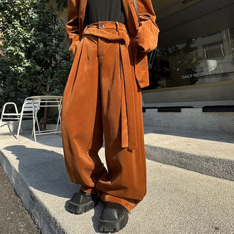 PFNW 2025 Spring Sets Lapel Loose Mens Double Breasted Suit Belt Casual Wide Leg Pants Suit Suede Retro Runway Niche 250121