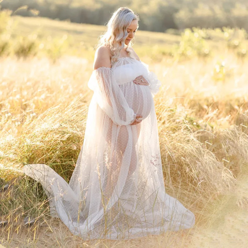 See Through Dot Tulle Maternity Po Shooting Long Dress Offthe Shoulder For Pregnant Woman Pography Props 250114z