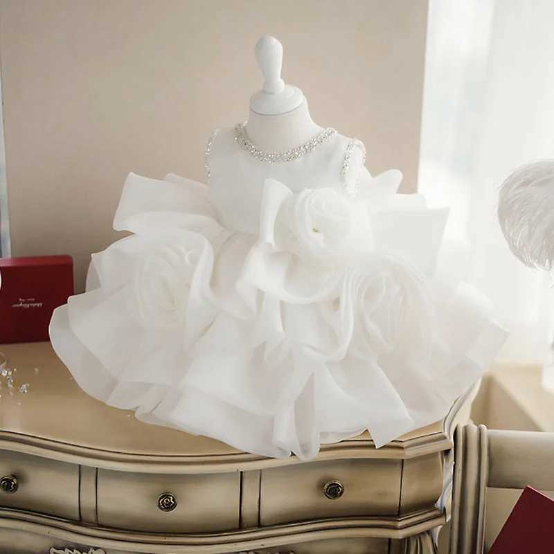 White Lace Toddler Girl Christening Dress Layer Tulle Sleeveless Baptism Ball Gown Baby Girl Kid Birthday Dress Wedding Dress X250203