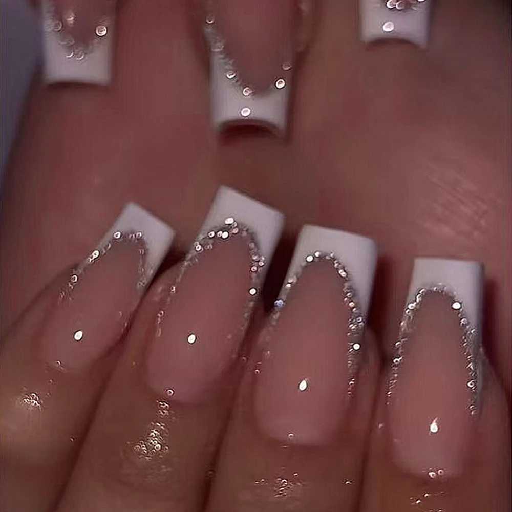 Medium length square nail - Solid color flash white French simple press nail Detachable fake nail acrylic nail24pcs/W250120
