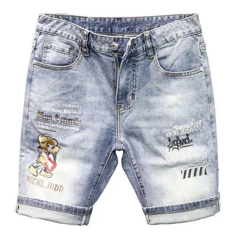 Summer Casual Denim Jeans Shorts Mens Knee Length Embroidered Bear Pattern Luxury Classic Cowboy Short Boyfriend Pants for Men X250203