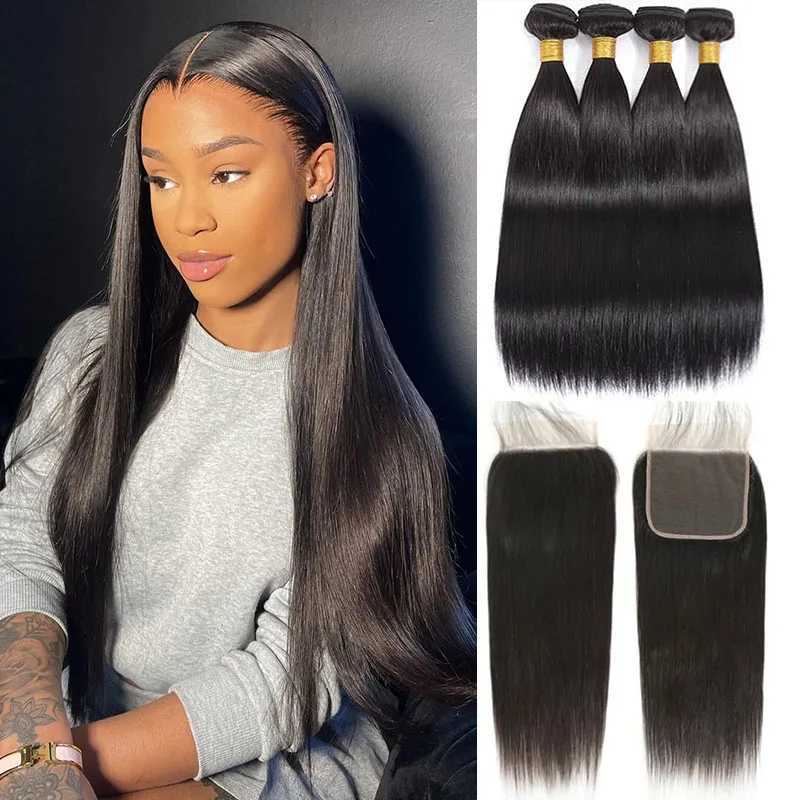 Brazilian Virgin Straight Hair Bundles With Clo 10A Straight Human Hair 3/4 Bundles with 4x4 Clo Natural Black WholesaleXJ250120